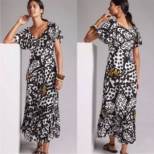 Farm Rio Anthropologie Black & White Floral Flutter-Sleeved Maxi Dress
